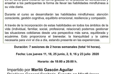 Curso online EN DIRECTO «MINDFULNESS: VIVIR CON CONSCIENCIA PLENA». Del 11 de junio al 23 de julio de 2020