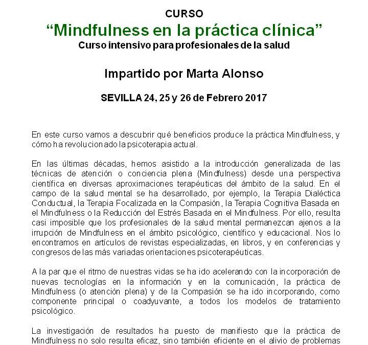 Curso Mindfulness en la práctica clínica. 24, 25 y 26 febrero 2017