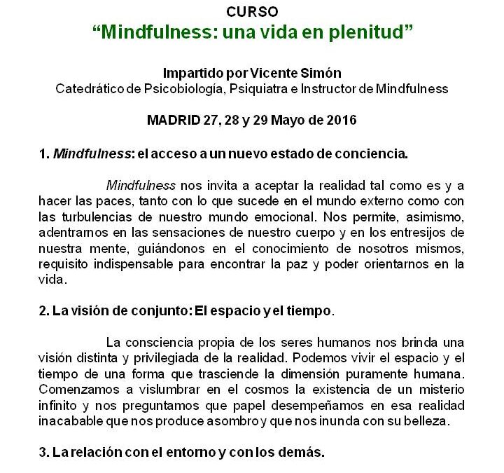 Curso Mindfulness: una vida en plenitud, con Vicente Simón. Madrid, del 27 al 29 mayo 2016 del