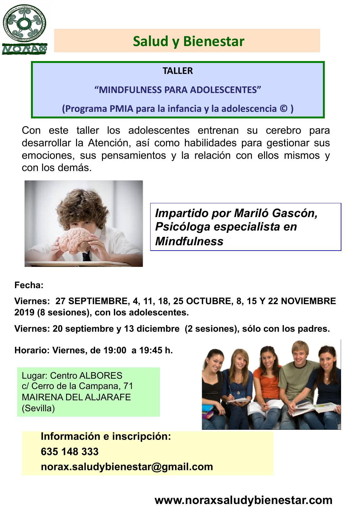 Taller Mindfulness para adolescentes. Del 20 septiembre al 13 diciembre de 2019.