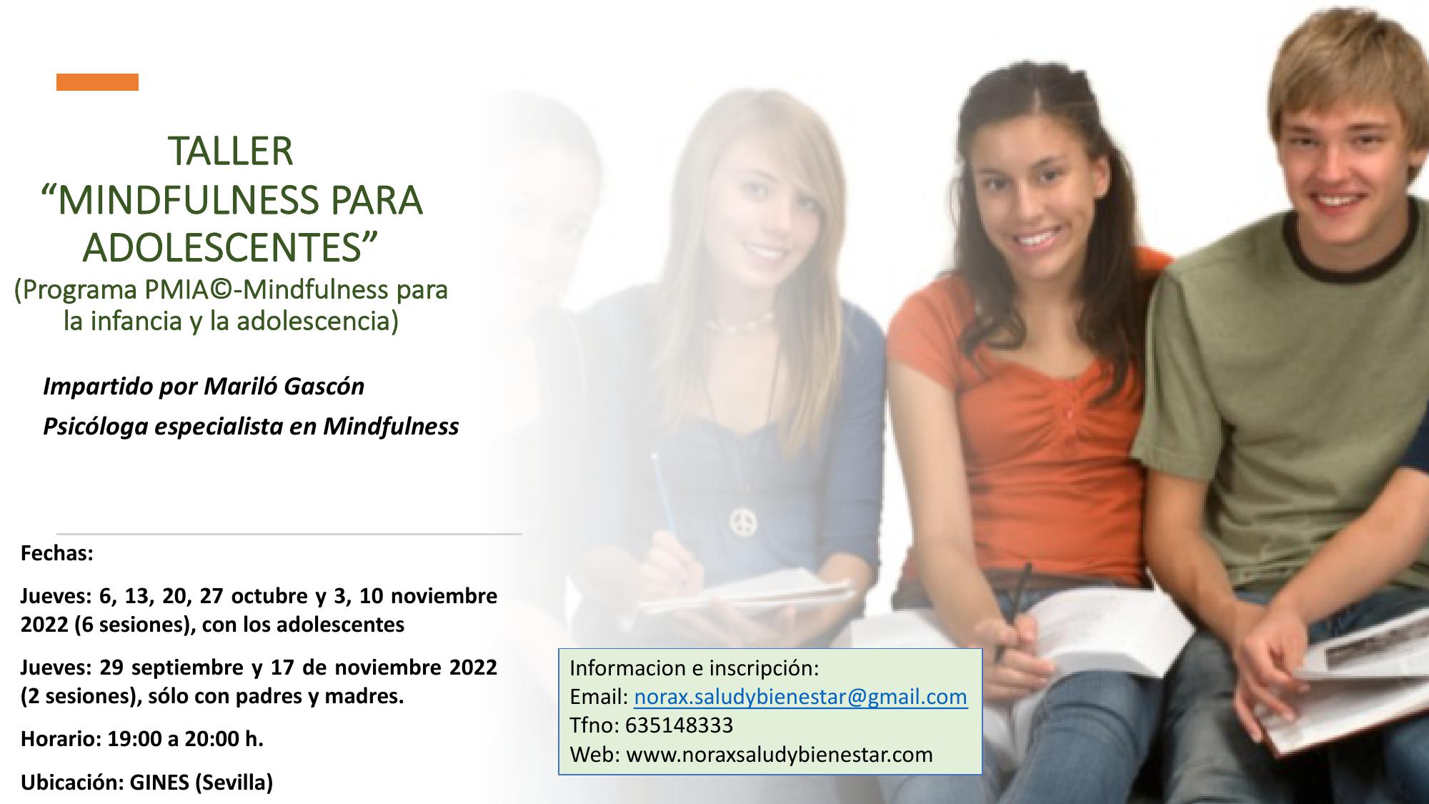 Taller MINDFULNESS PARA ADOLESCENTES. Del 29 de septiembre al 17 de noviembre de 2022. GINES (Sevilla)