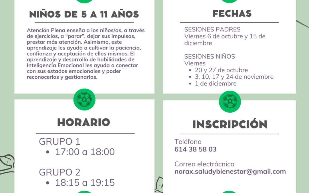 Taller Atención Plena e Inteligencia Emocional para niñ@s de 5 a 11 años, del 6 octubre al 15 diciembre de 2023