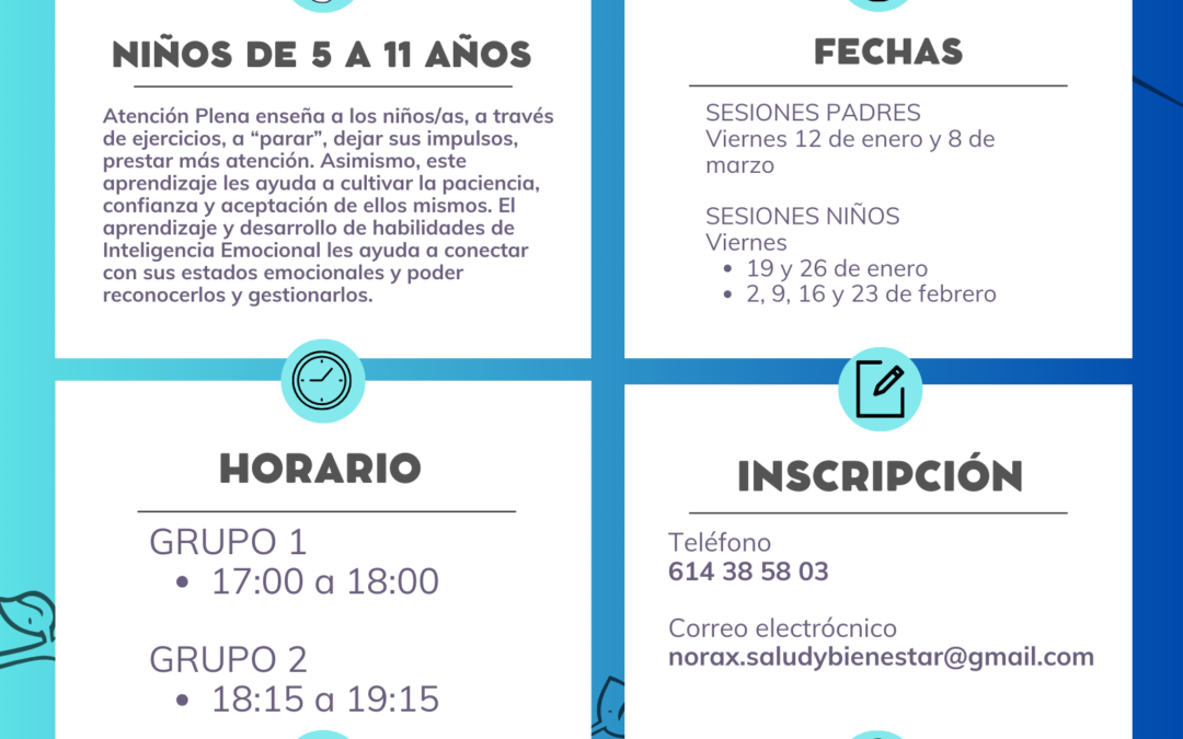 Taller Atención Plena e Inteligencia Emocional para niñ@s de 5 a 11 años, del 12 de enero al 8 de marzo de 2024